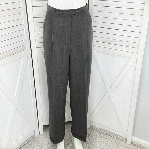 Geoffrey Beene Windowpane High Waist Cuff Hem Straight Leg Trouser Pants Grey 8 - Picture 1 of 16